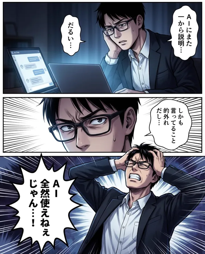 漫画1: 毎回AIに説明し直す不満