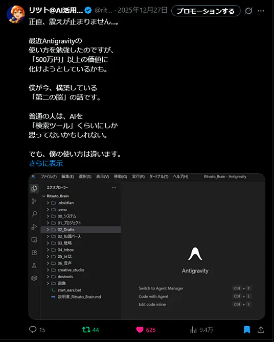 AI側の実際のX投稿画面。2025年12月27日の投稿で、返信15、リポスト44、いいね625、表示9.4万と表示されている